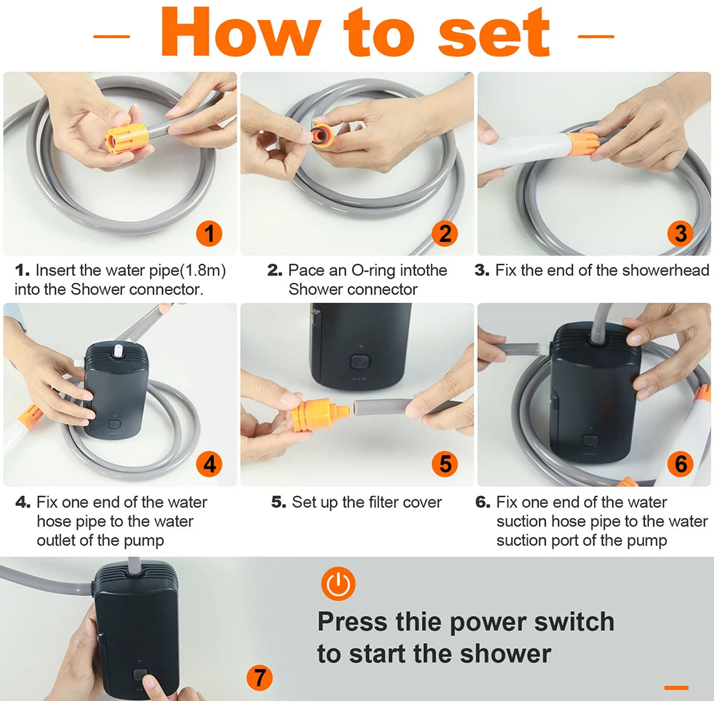 Portable Outdoor Shower with Waterproof Electric Shower Pump 2-Level Water Flow for Camping Backpacking Travel Pet Bathing