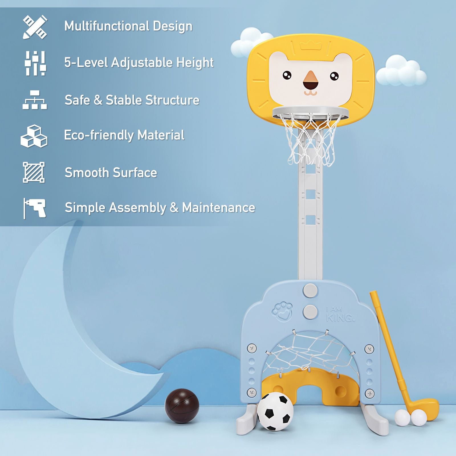 3-In-1 Basketball Hoop Set Stand with 5 Adjustable Height Levels