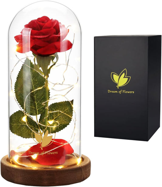 Birthday Gifts for Women,Beauty and the Beast Rose,Red Rose in Glass Dome with Lights,Flowers for Delivery Prime,Romanticflower Gifts for Women Mom Wife Girlfriend on Birthday, Anniversary, Wedding