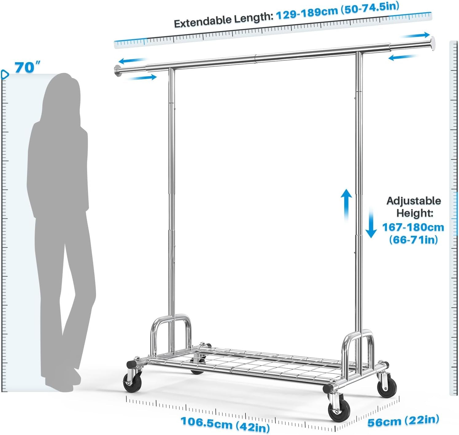 Heavy Duty Clothes Rail 238Kg (525Lbs) Capacity, Extendable Hanging Rack with Lockable Wheels & Shelves, Space Saving for Bedroom, Apartment, Laundry Room,Silver