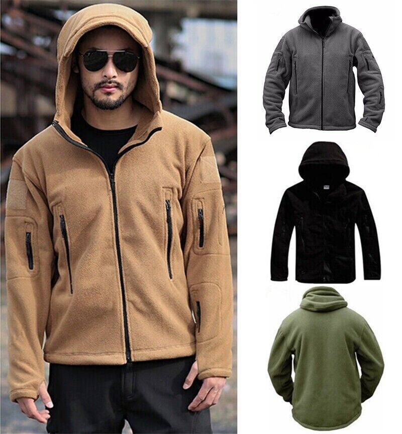 Men Casual Coat Tactical Recon Fleece Jacket Full Zip Army Hoodie Combat Hoody