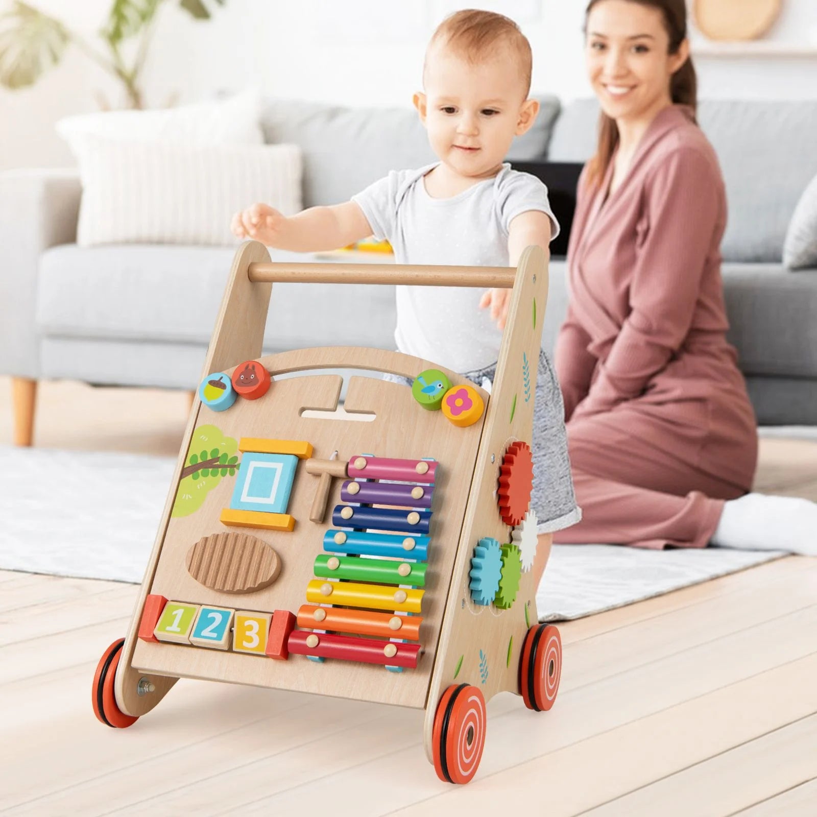 Wooden Baby Walker Push Walker with Learning Activity and Storage