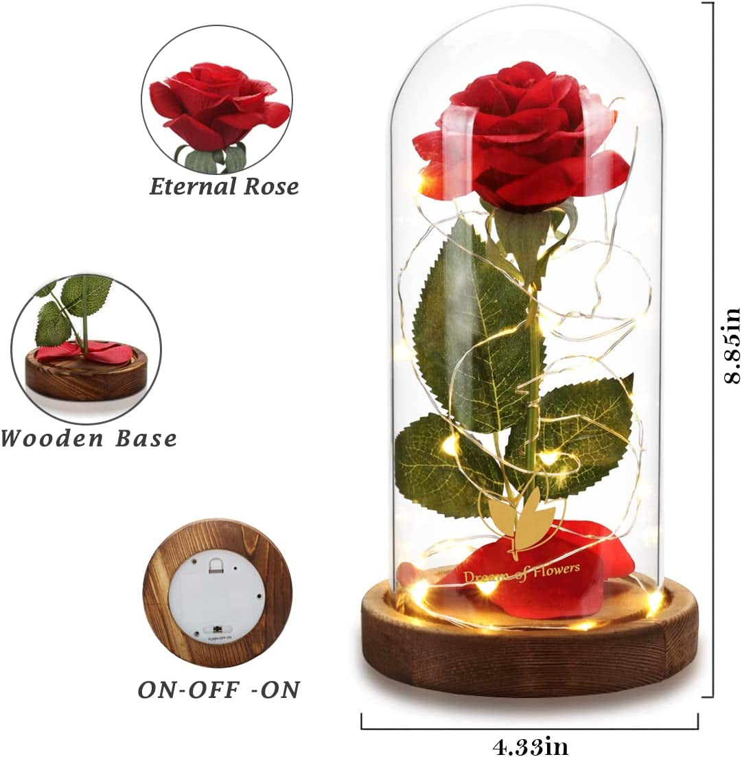 Birthday Gifts for Women,Beauty and the Beast Rose,Red Rose in Glass Dome with Lights,Flowers for Delivery Prime,Romanticflower Gifts for Women Mom Wife Girlfriend on Birthday, Anniversary, Wedding
