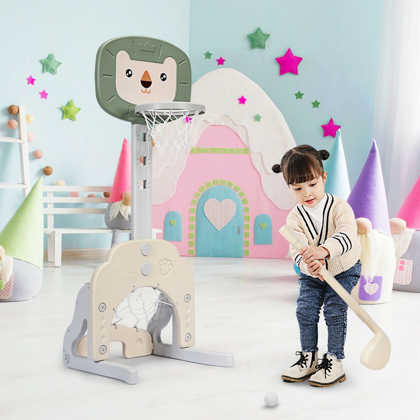 3-In-1 Basketball Hoop Set Stand with 5 Adjustable Height Levels