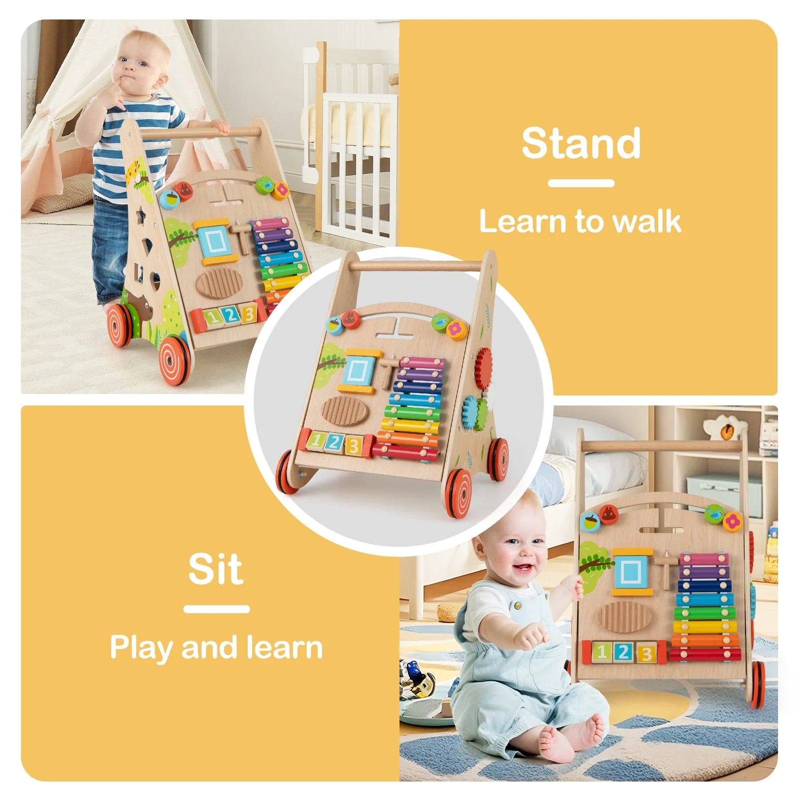 Wooden Baby Walker Push Walker with Learning Activity and Storage