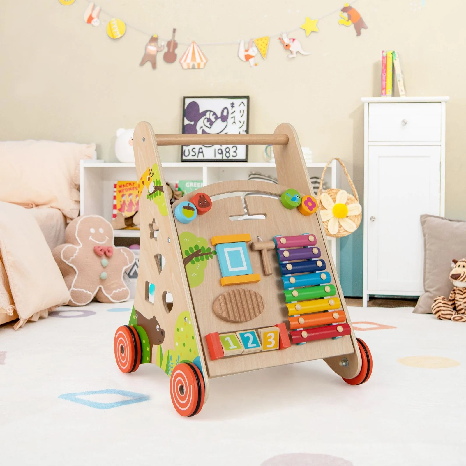 Wooden Baby Walker Push Walker with Learning Activity and Storage