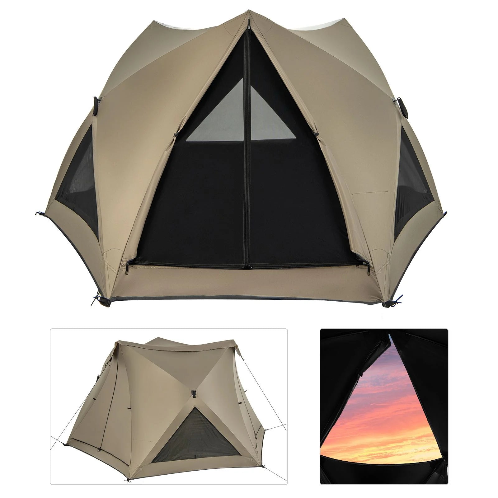 6-Sided Family Tent with Rainfly, Skylight, 3 Doors, 3 Windows