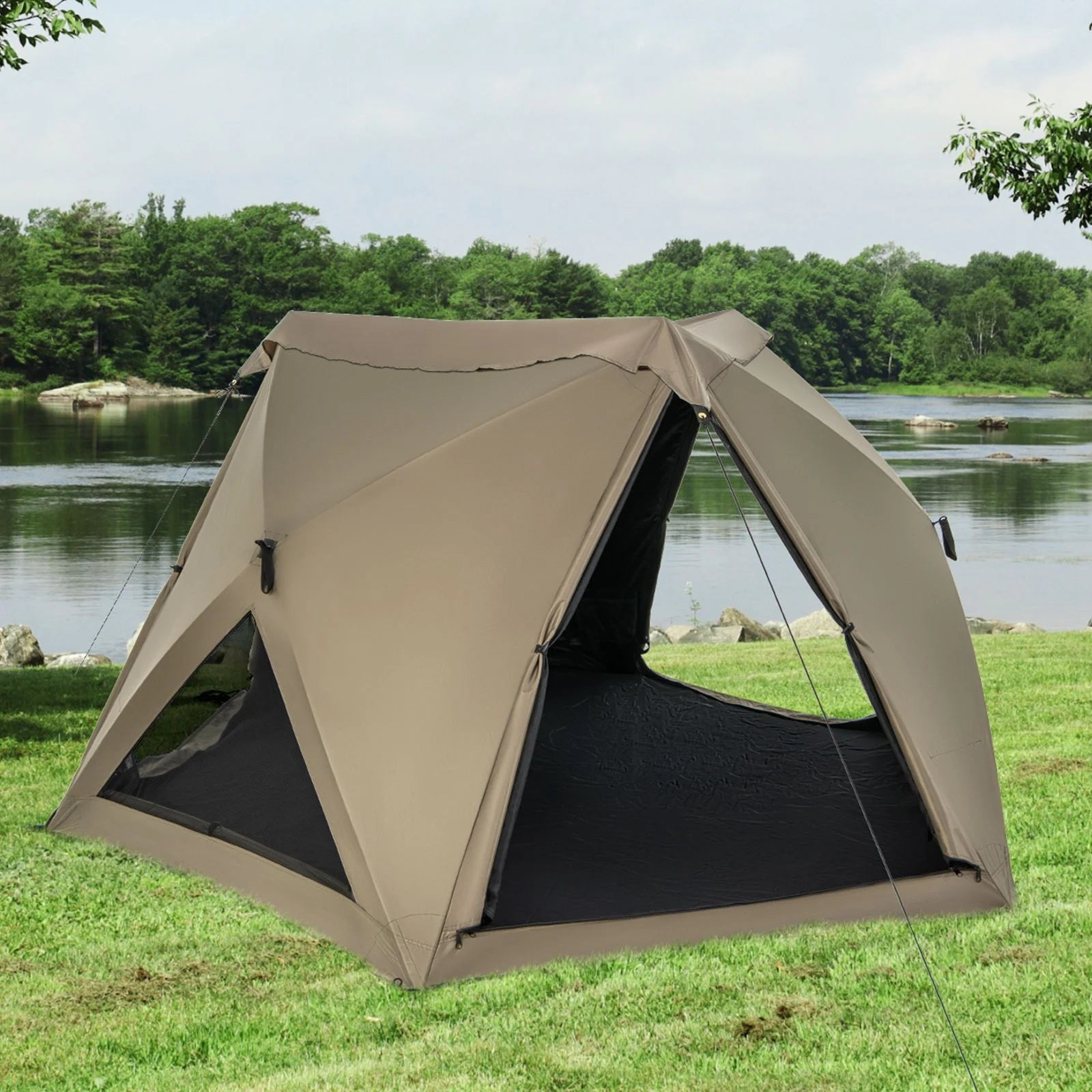 6-Sided Family Tent with Rainfly, Skylight, 3 Doors, 3 Windows