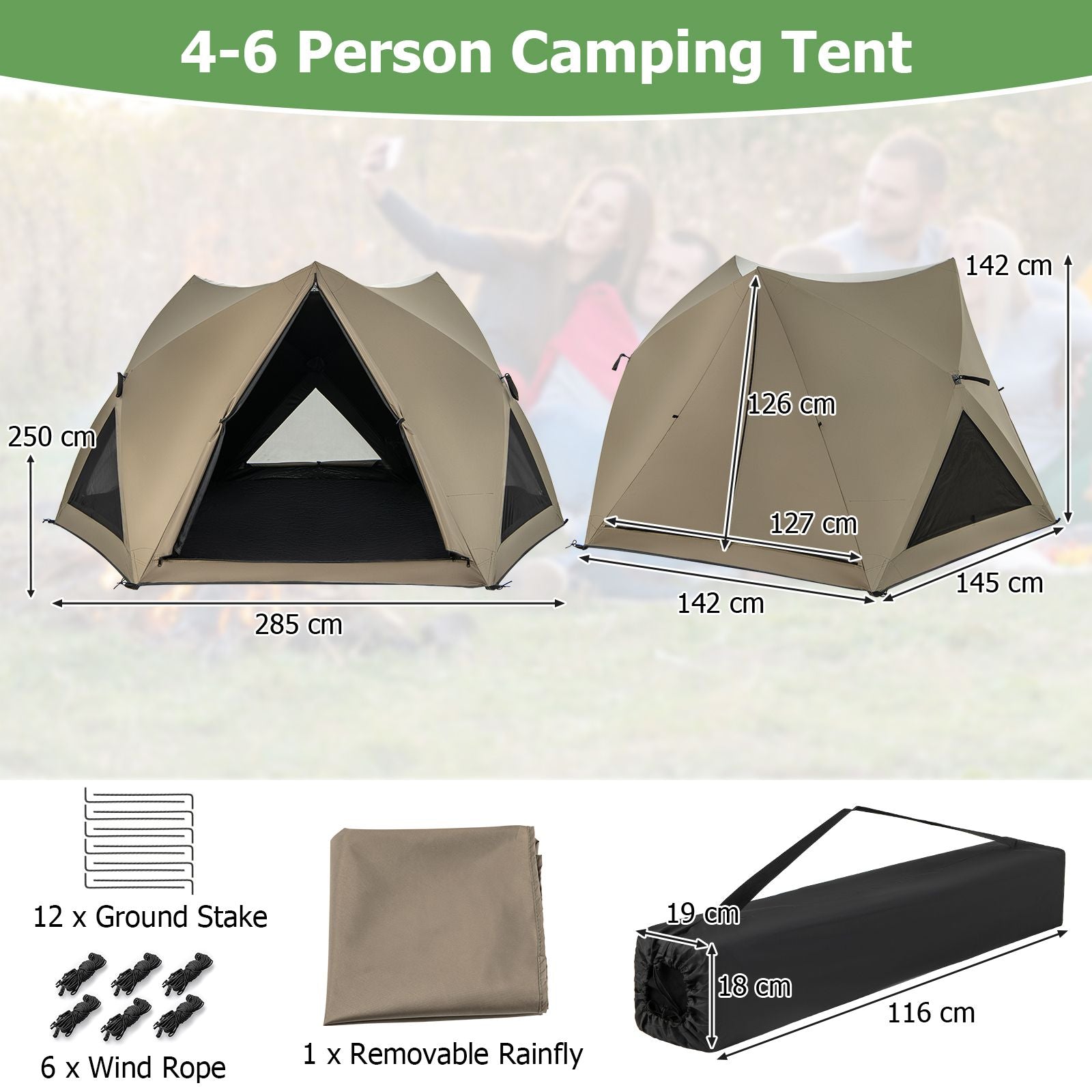 6-Sided Family Tent with Rainfly, Skylight, 3 Doors, 3 Windows