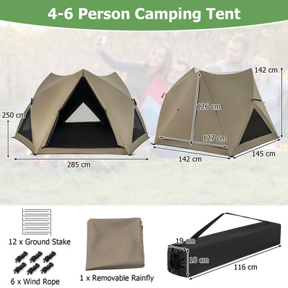 6-Sided Family Tent with Rainfly, Skylight, 3 Doors, 3 Windows