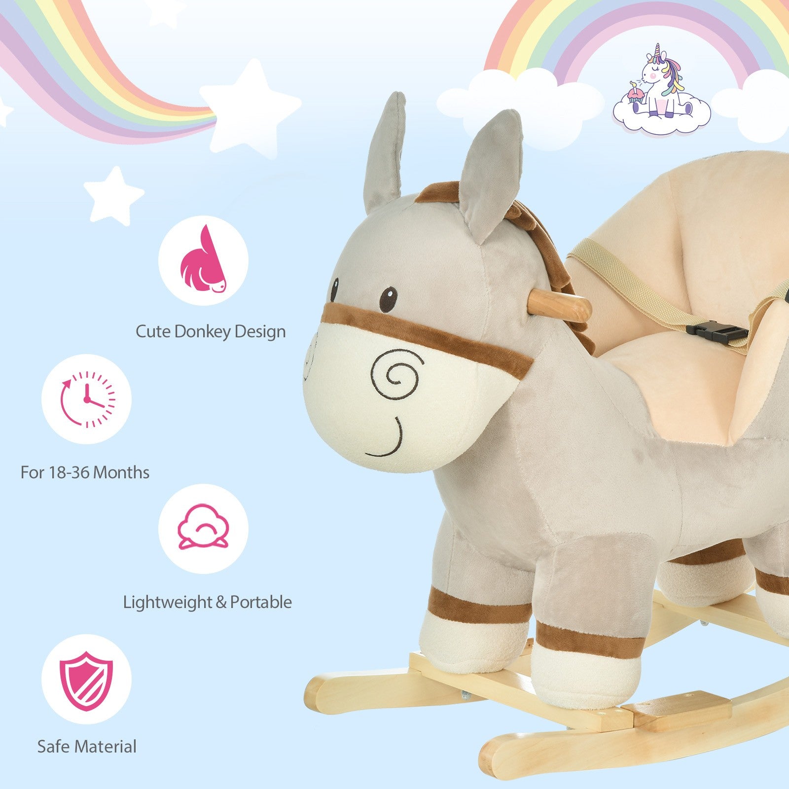 Cute Kids Ride-On Rocking Donkey W/ Sound Handlebars Seat Belt Plush Body