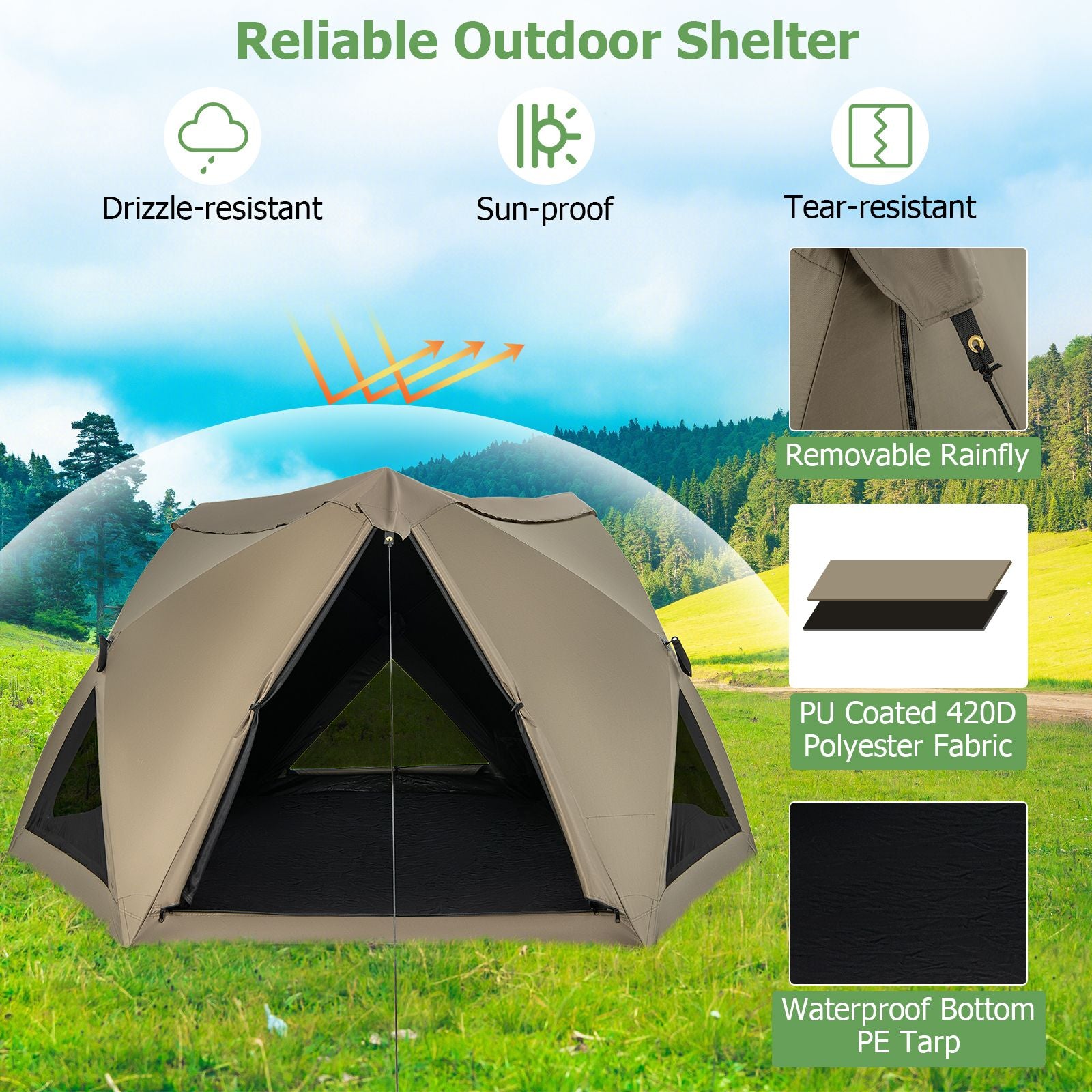 6-Sided Family Tent with Rainfly, Skylight, 3 Doors, 3 Windows