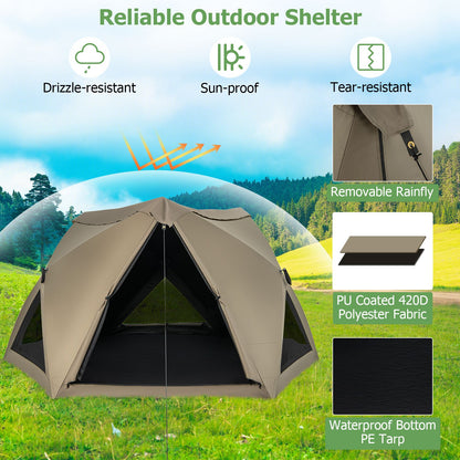 6-Sided Family Tent with Rainfly, Skylight, 3 Doors, 3 Windows