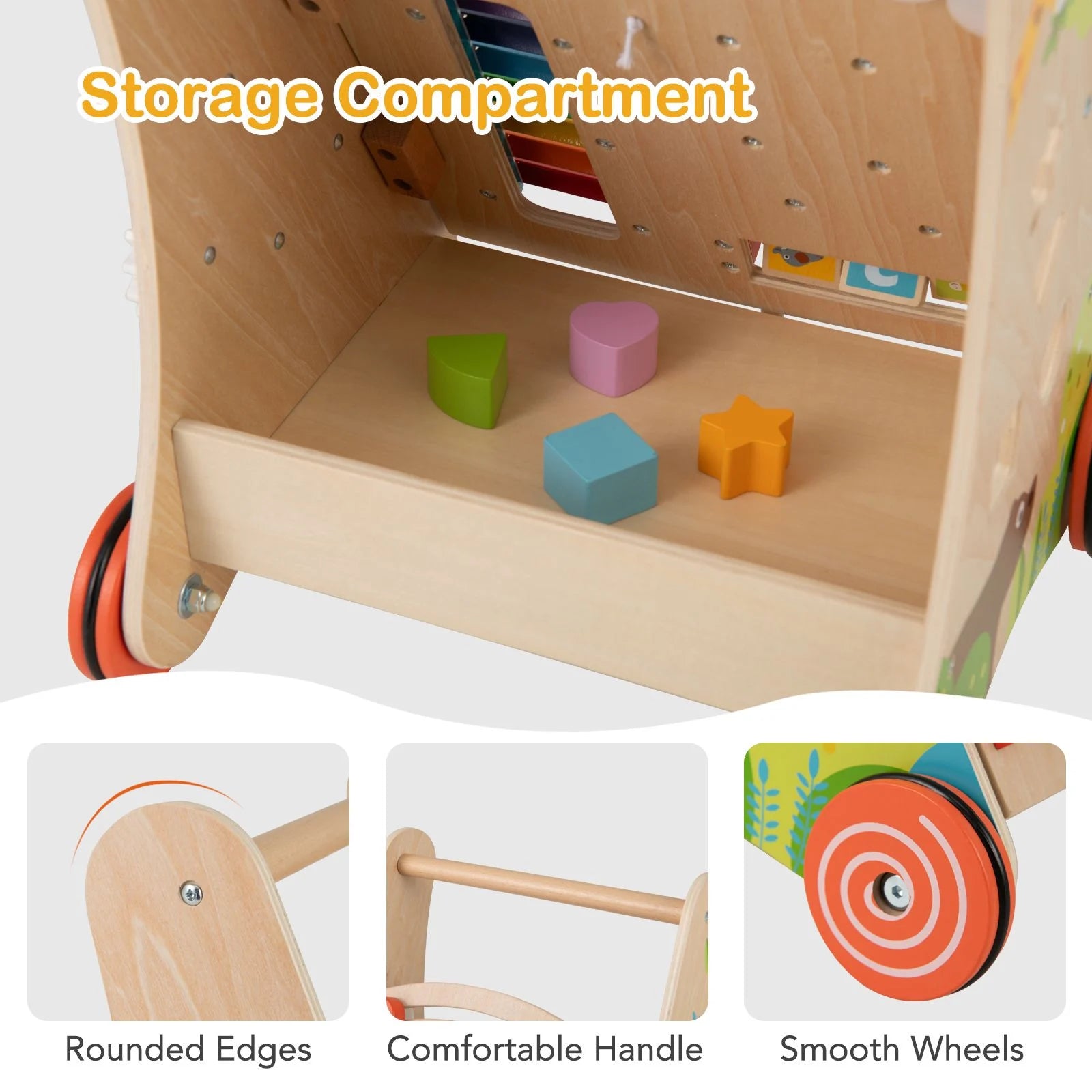 Wooden Baby Walker Push Walker with Learning Activity and Storage