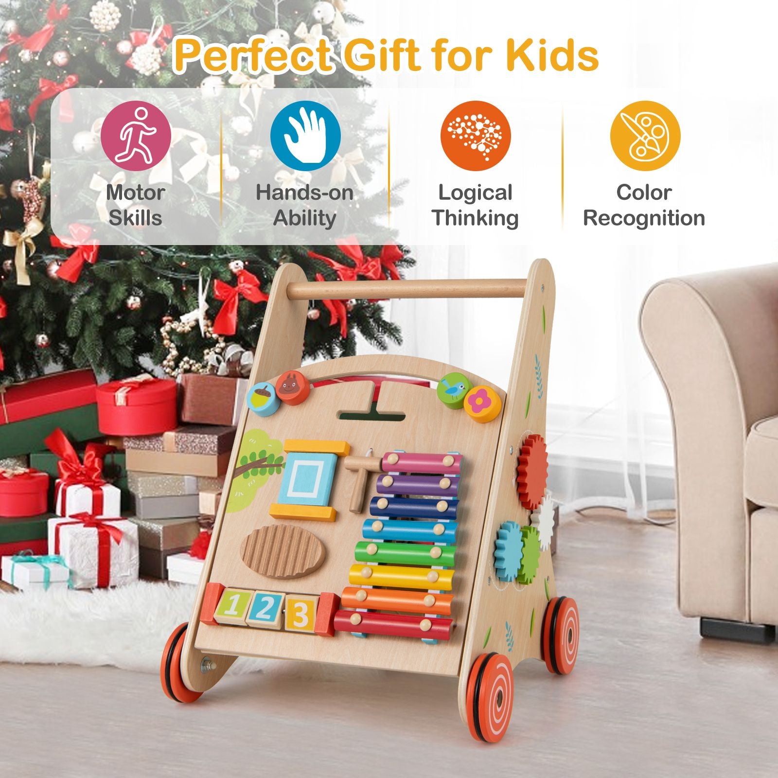 Wooden Baby Walker Push Walker with Learning Activity and Storage