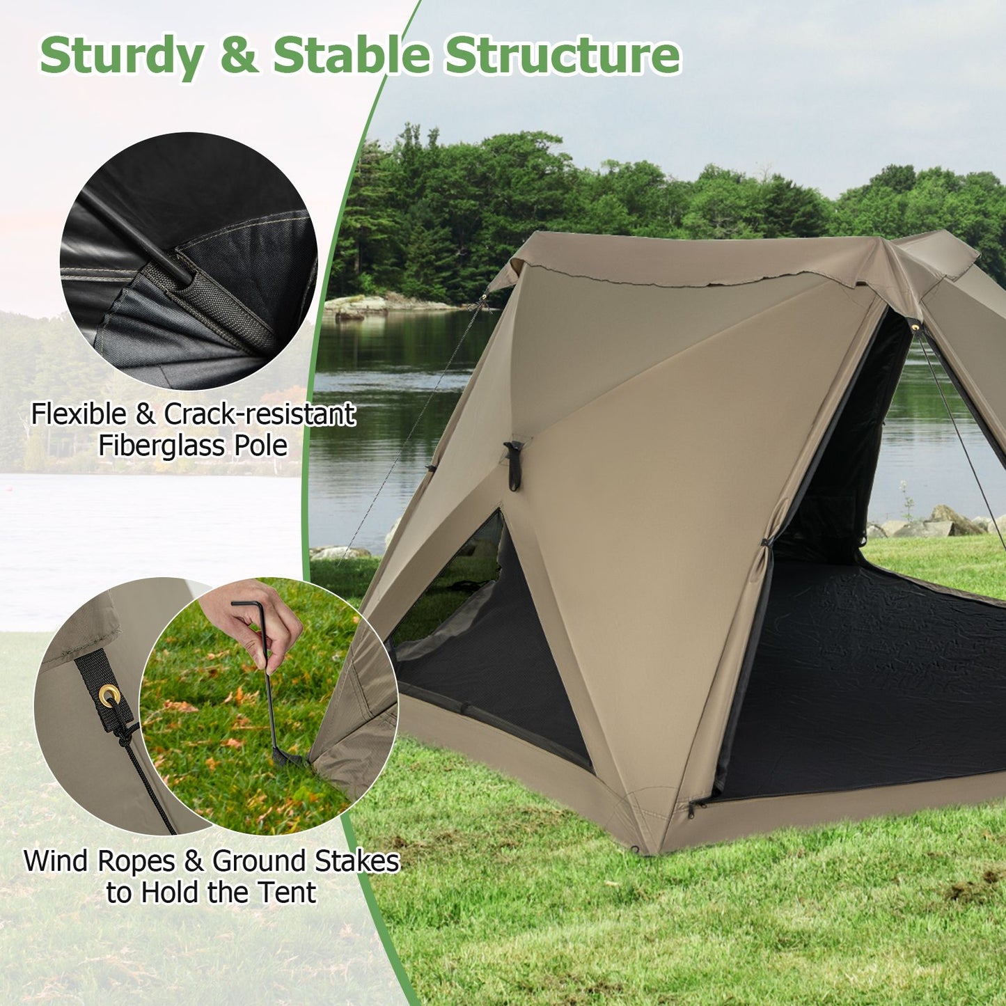 6-Sided Family Tent with Rainfly, Skylight, 3 Doors, 3 Windows