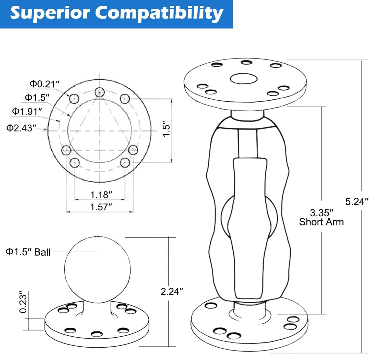 Aluminum 1.5" Double Ball Mount with Two AMPS round Plates, Fish Finder/Truck/Gps Mount, Short Arm with 1.5 Inches/38Mm/C Size Ball, Compatible with RAM, Arkon, Ibolt and More