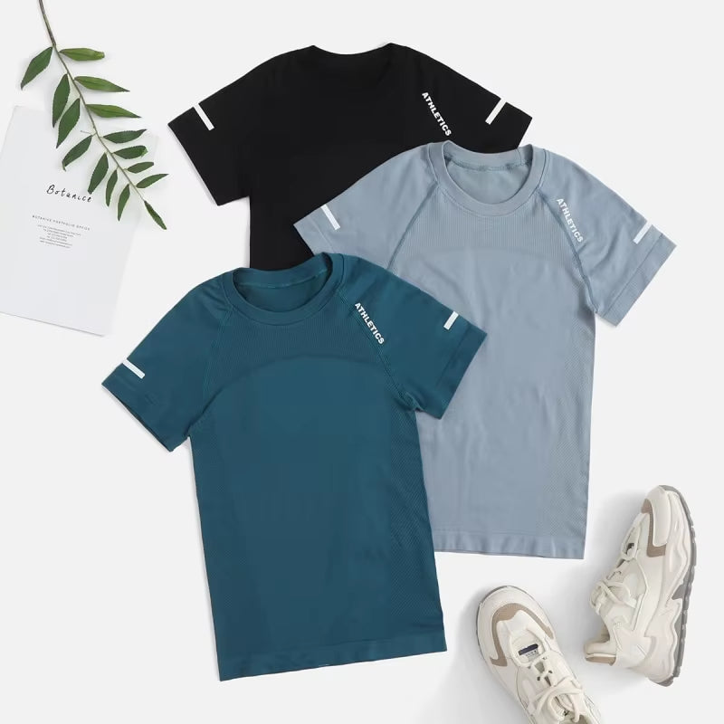 Women Seamless Yoga Tshirt Female Fitness 2 Piece Top Workout Gym Training Shirts Athletic Short Sleeve Yoga Letter T-Shirts