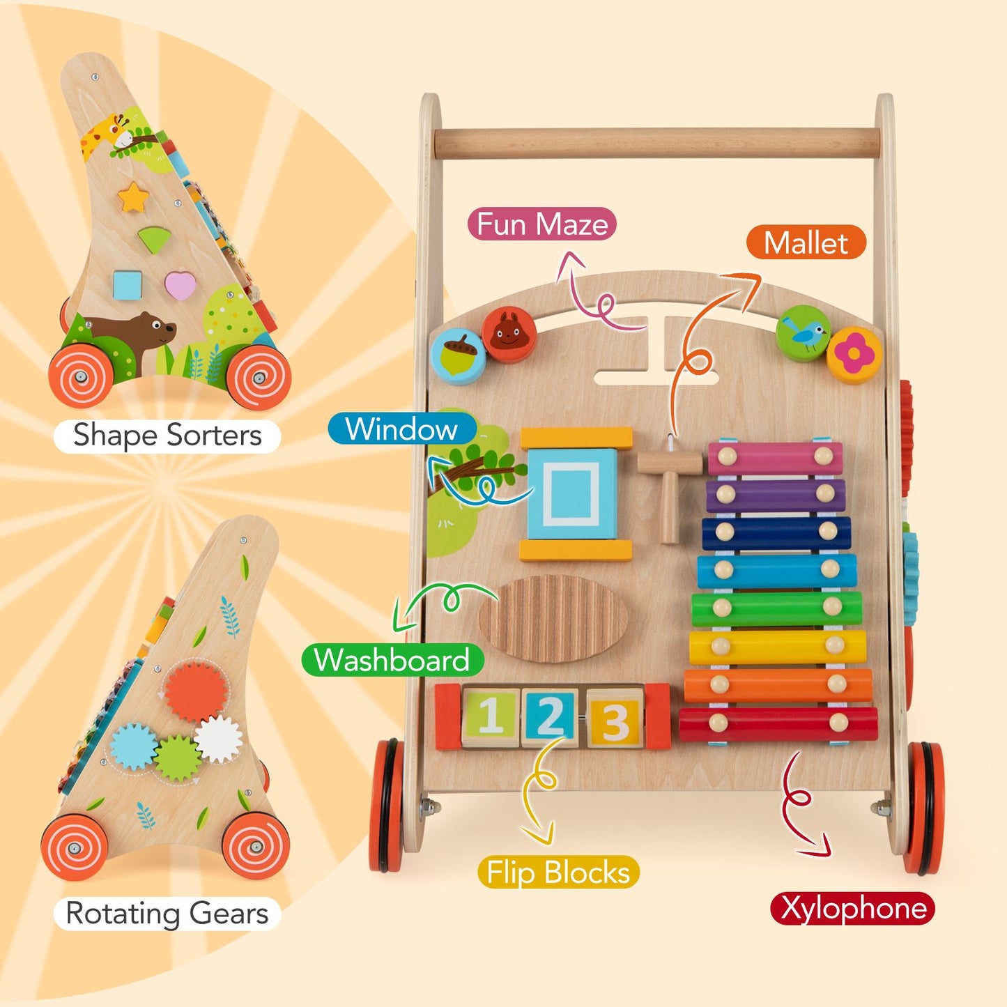 Wooden Baby Walker Push Walker with Learning Activity and Storage