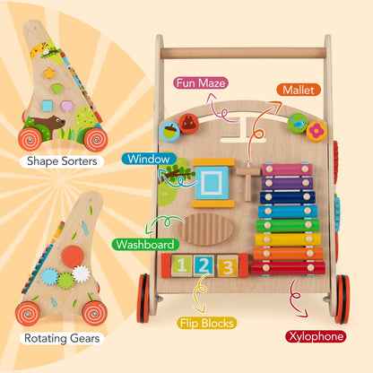 Wooden Baby Walker Push Walker with Learning Activity and Storage