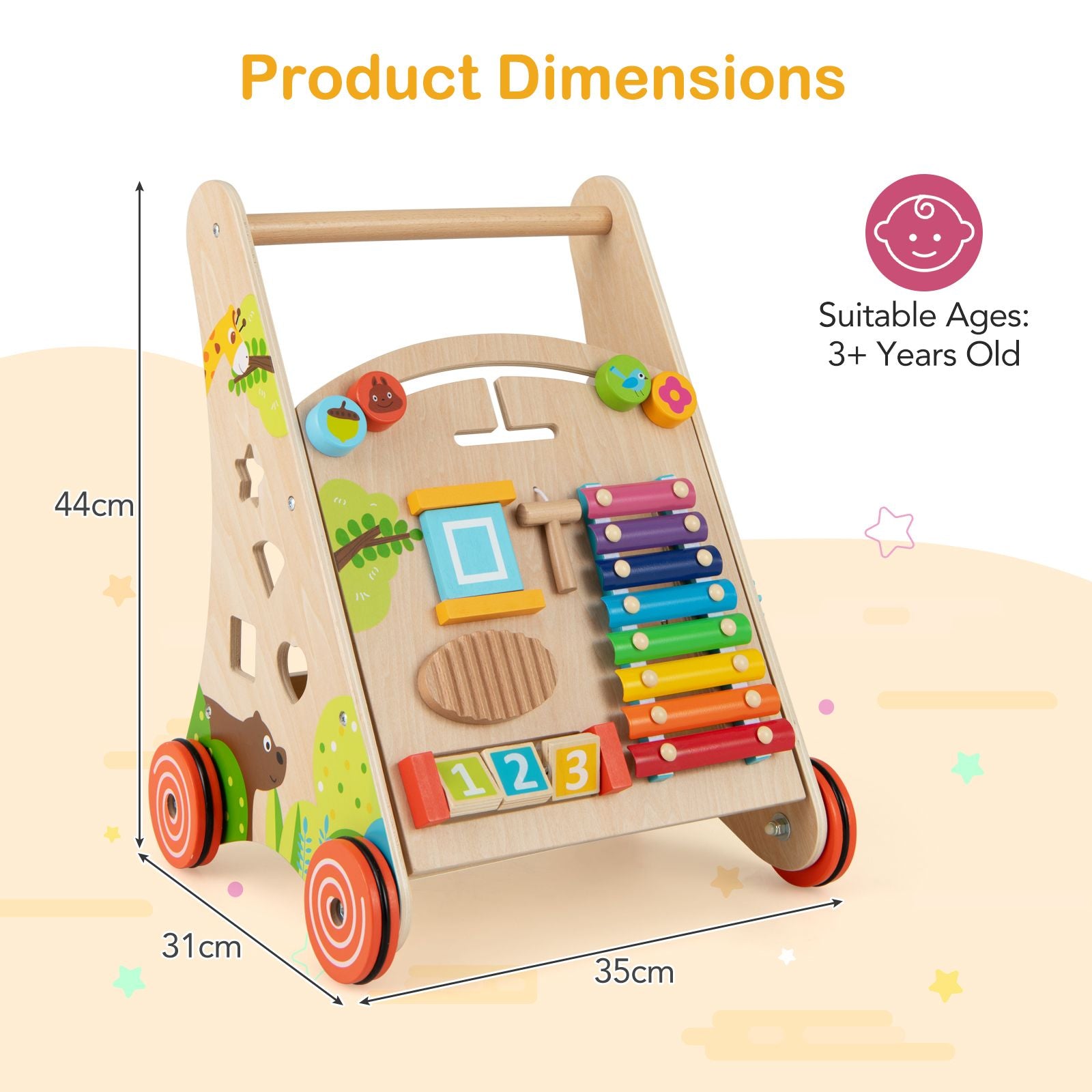 Wooden Baby Walker Push Walker with Learning Activity and Storage
