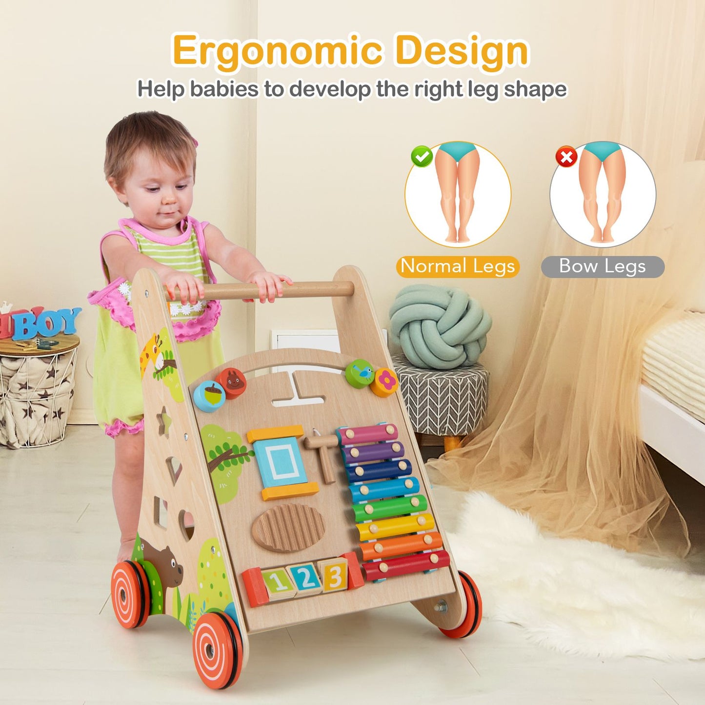 Wooden Baby Walker Push Walker with Learning Activity and Storage