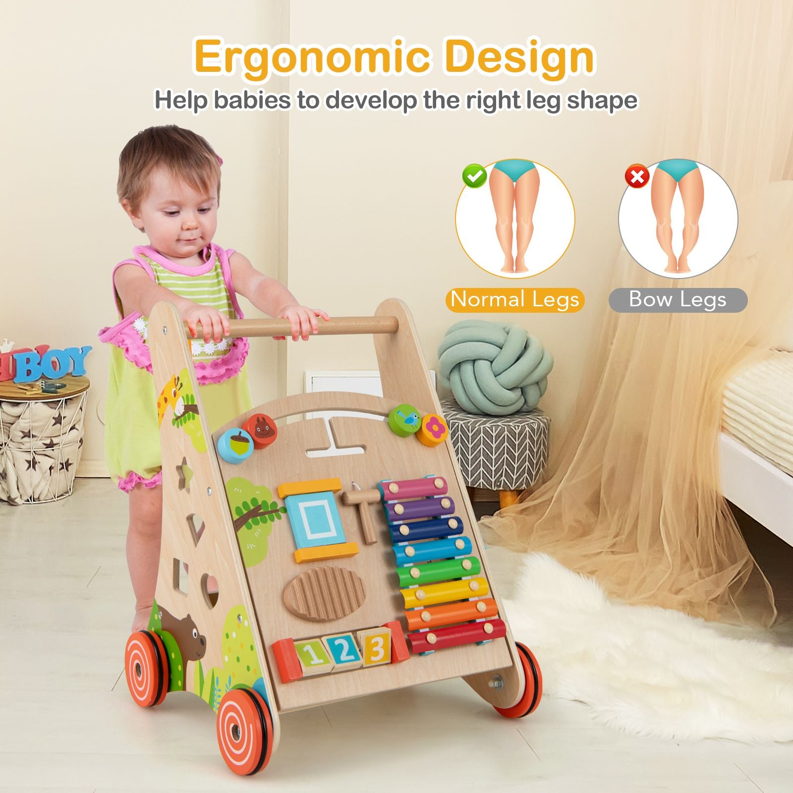 Wooden Baby Walker Push Walker with Learning Activity and Storage